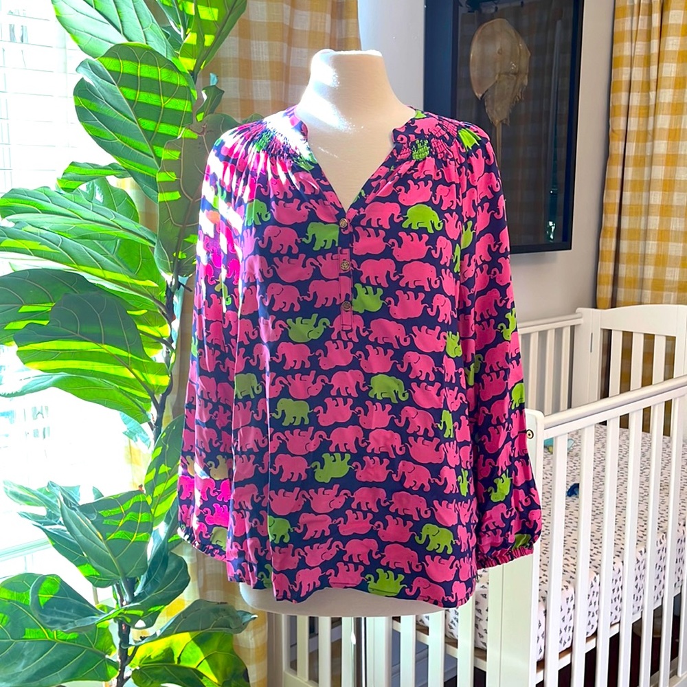 Lilly Pulitzer Silk Elsa Blouse Shirt Top Pink Green Elephant Print Size Medium